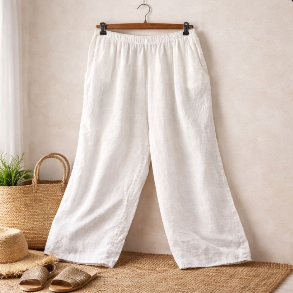 FLAX 100% Linen Pull-On Pants White Elastic Waist Size Large